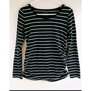 Bump Start‎ Womens XL Maternity Shirt Black w/White Striped Long Sleeve Knit
